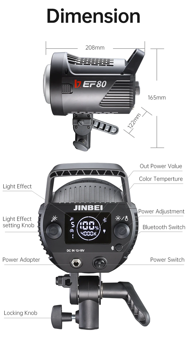 Original factory package inventory and components for the Jinbei EF-80 light kit