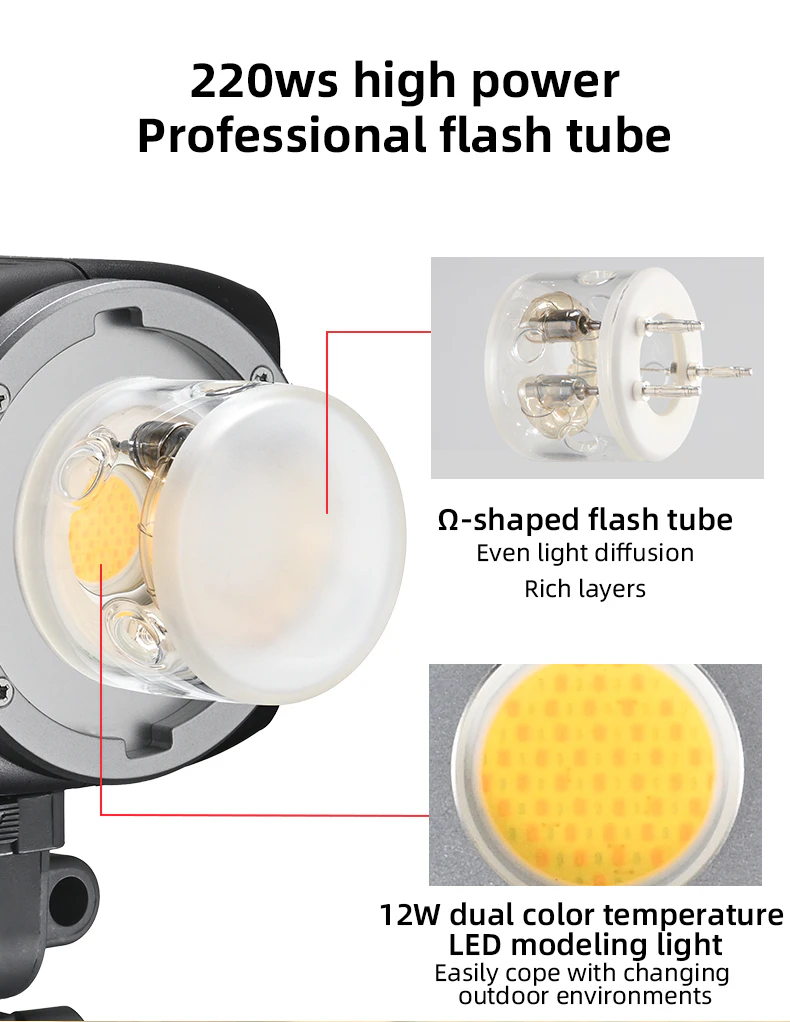 220Ws flash tube and LED modeling light