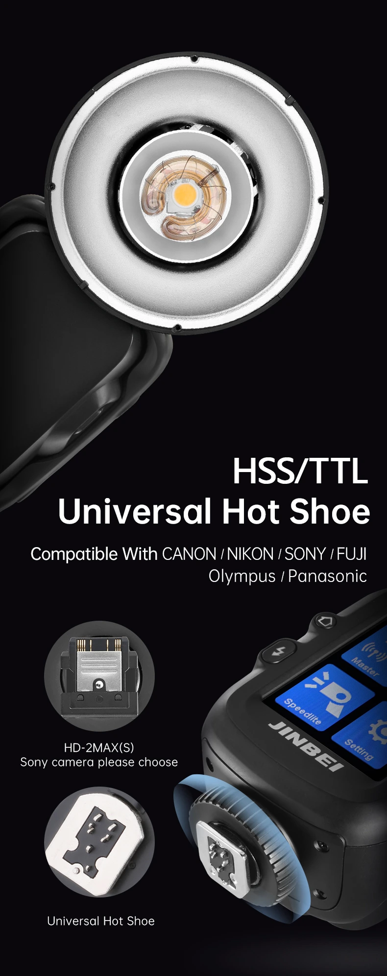 Universal hot shoe and HSS TTL compatibility